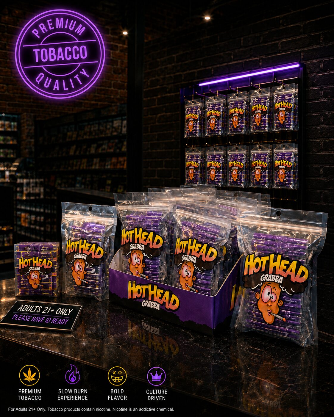Hothead Grabba on a smoke shop counter: a violet display box of sealed grabba packs, resealable bulk bags, a 30-count carton and an Adults 21+ Only sign, with hanging retail strips on the wall behind.
