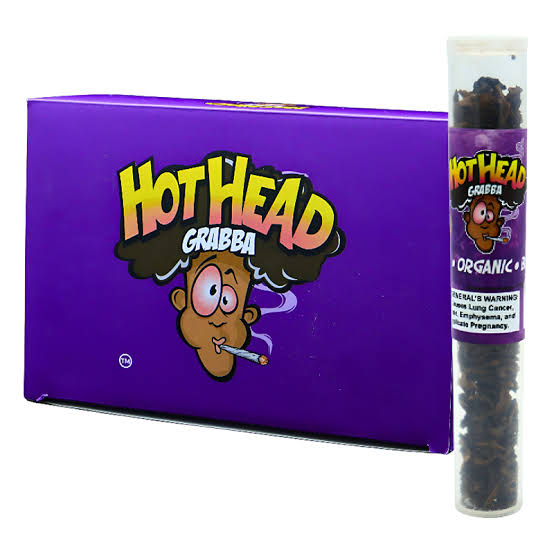 Hothead Grabba retail packaging: a violet display box with the mascot logo beside a single sealed tube of grabba.