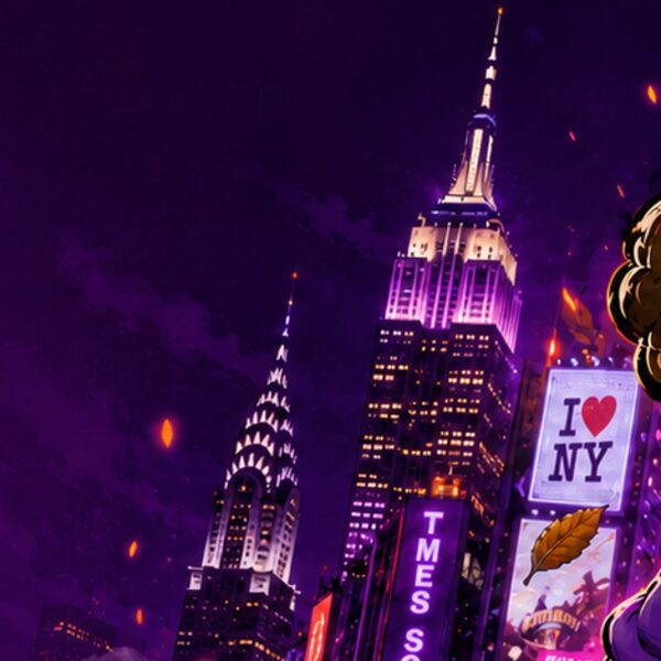 Violet-lit New York skyline with the Chrysler and Empire State buildings in the Hothead artwork.