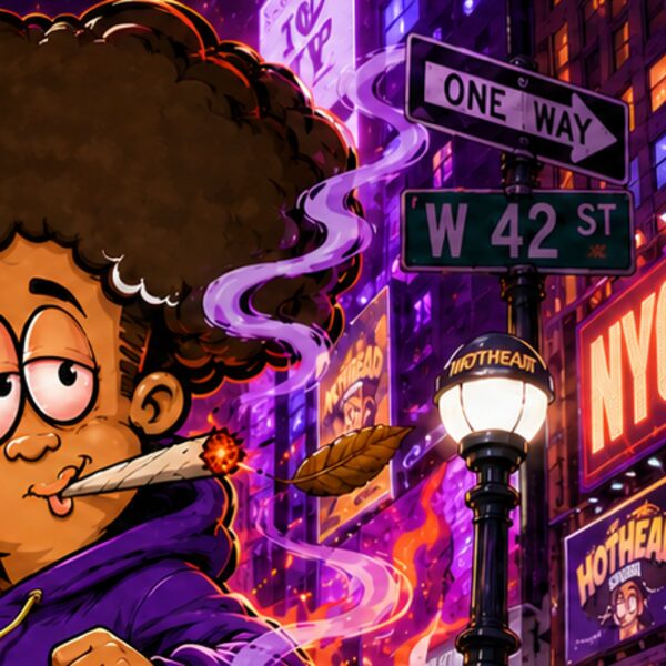 One Way and W 42 Street signs beside the Hothead Grabba mascot in neon light.